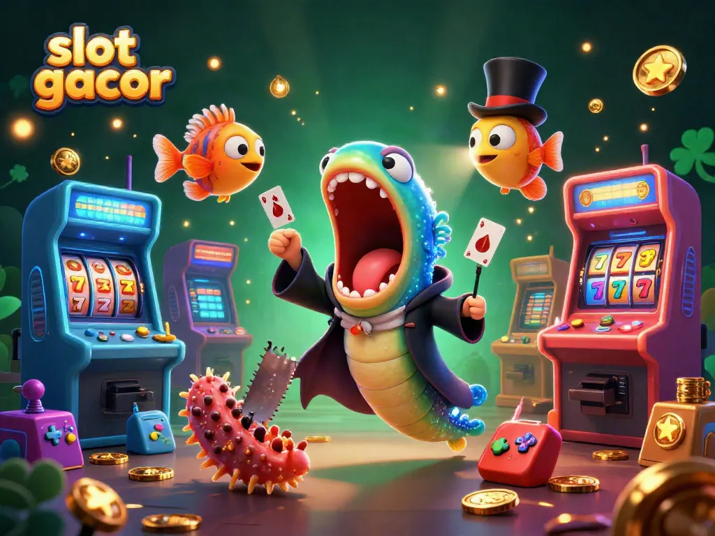 Experience "slot gacor" magic with a bioluminescent eel performing tricks in a vibrant casino scene.