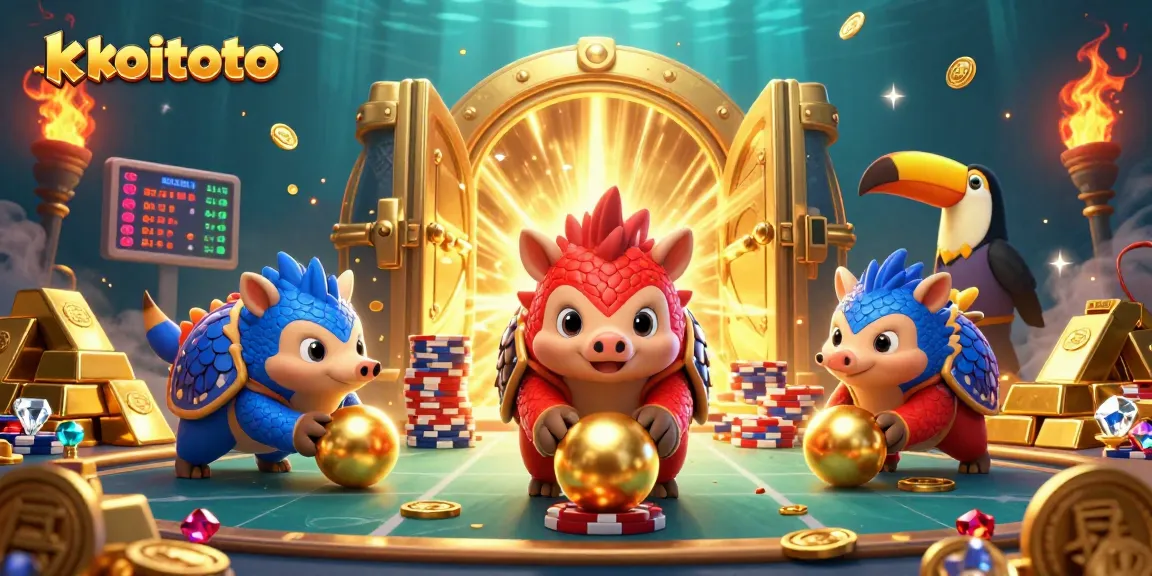 Koitoto menghadirkan momen seru saat pangolin berkompetisi dalam permainan slot dengan tumpukan chip poker di sekelilingnya.