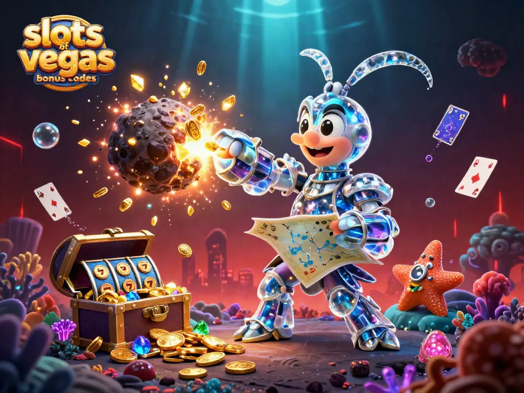Engage with slots of vegas bonus codes in a vibrant, colorful 3D casino scene filled with treasure.
