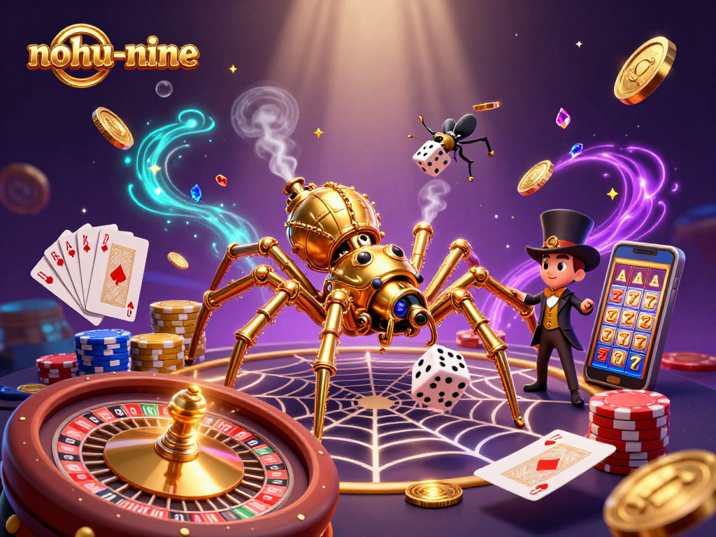 Engage in nohu-nine fun with a whimsical steampunk spider and casino elements in this vibrant digital illustration.