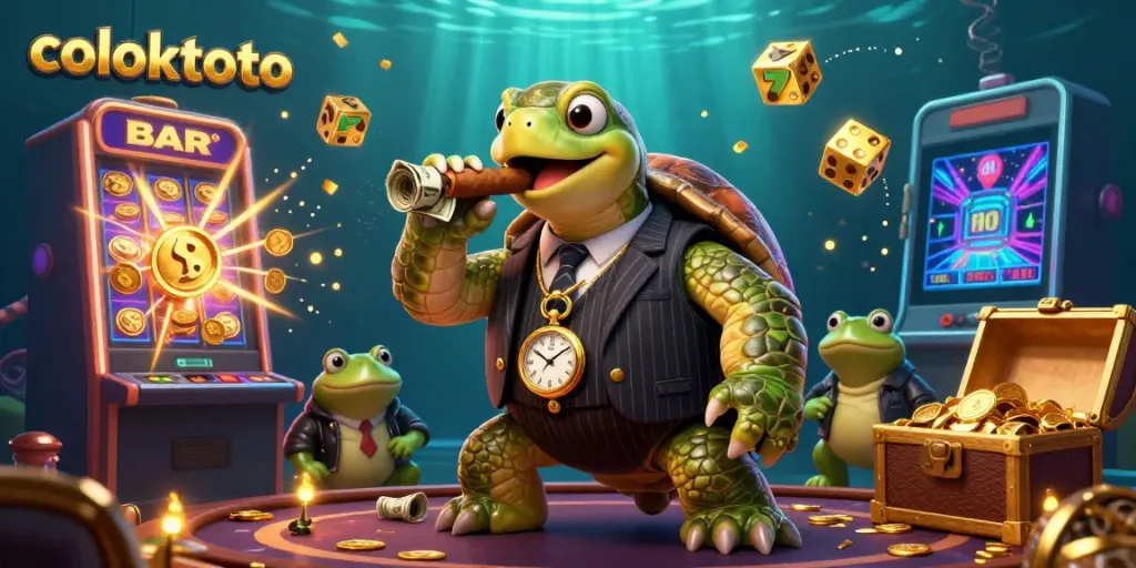 Experience gaming excitement at coloktoto with a massive snapping turtle mobster and slot machine bursting with coins.