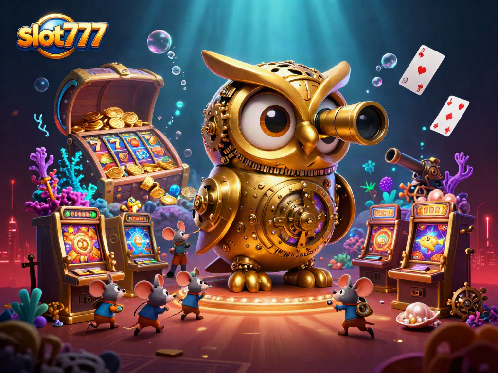 Engage with slot777 as golden owl oversees a vibrant, packed casino atmosphere with slot machines and treasure.