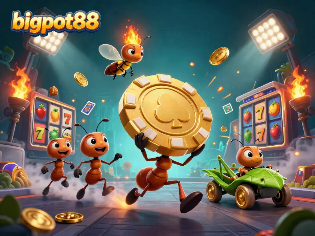 Experience a thrilling heist in bigpot88 with ants carrying a giant poker chip amidst dynamic casino elements.