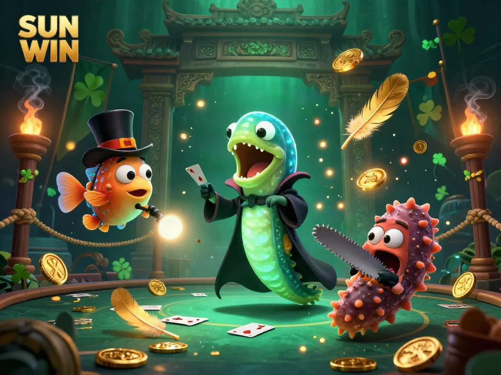 Experience the thrilling magic of SUN WIN with dynamic aquatic characters performing casino tricks in a vibrant underwater scene.