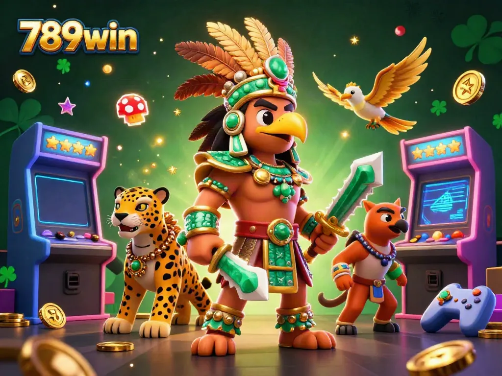 Win big at 789win with a lively casino scene featuring Aztec characters and gaming elements.