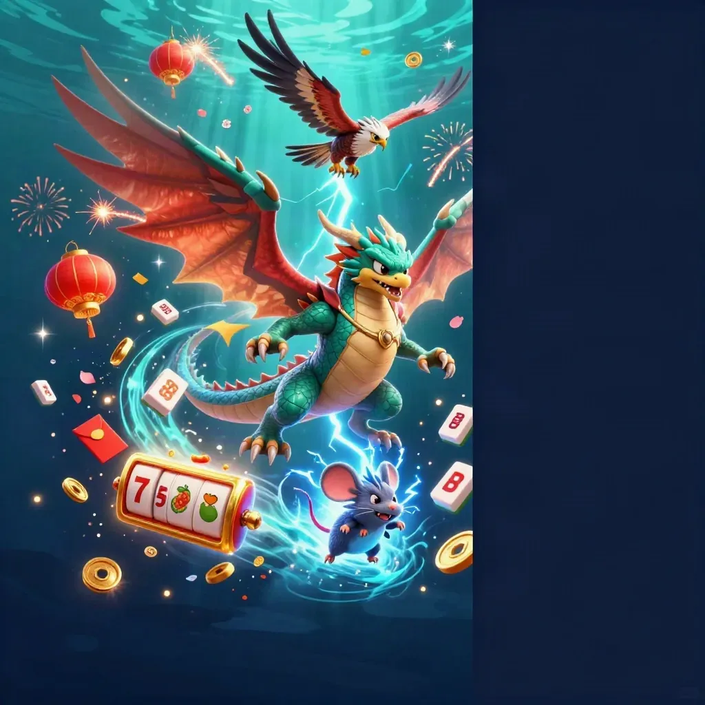 Thunder dragon, hawk, and mouse amid casino symbols in a neon reef-lit underwater storm.
