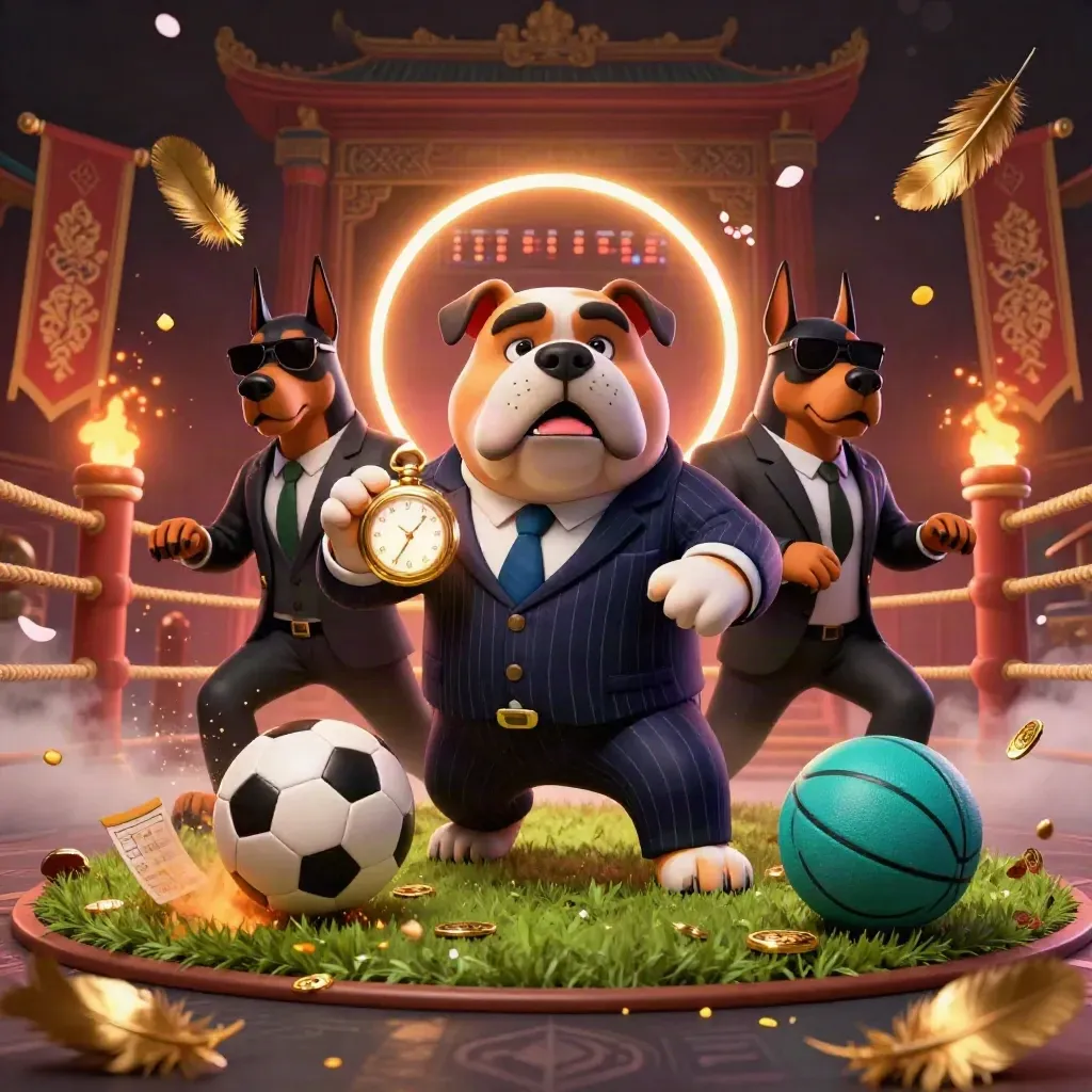 Bulldog boss and Dobermans amid flying soccer ball, basketball, gold and casino glow.