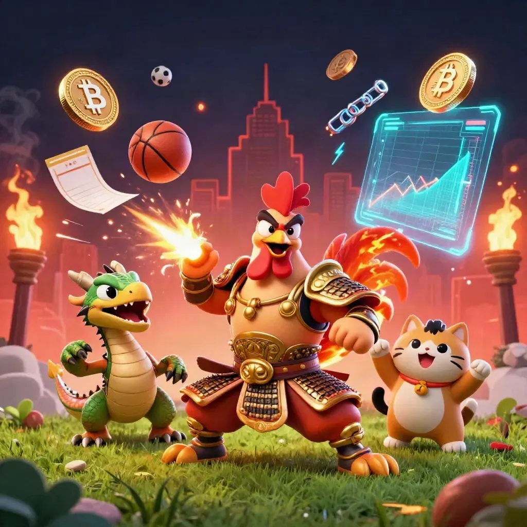 Rooster warrior, dragon hatchling and fortune-cat amid flying sports balls, coins and sparks.