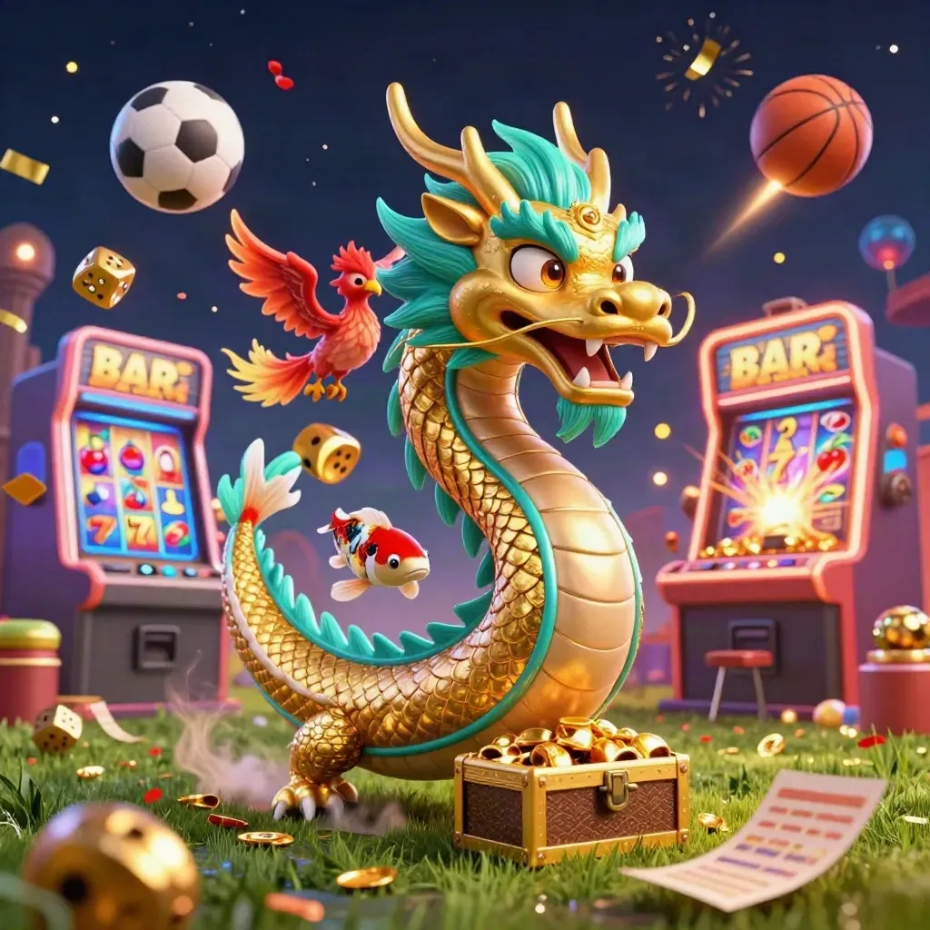 Golden dragon and slot-machine treasure burst with soccer ball, basketball, koi, and phoenix on a dark casino sky.