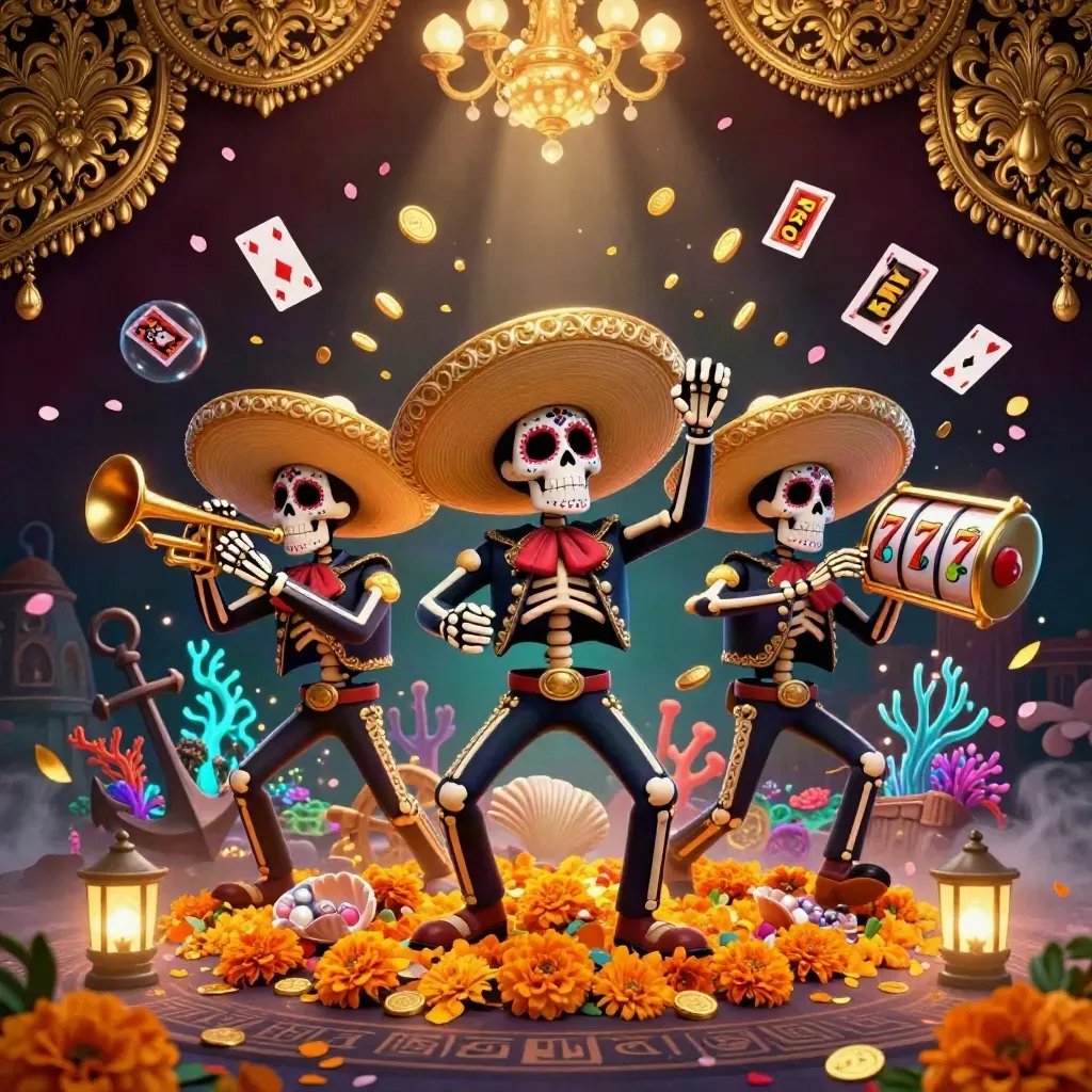 Three skeleton mariachi musicians in a glowing treasure reef with coins, coral, and casino symbols.