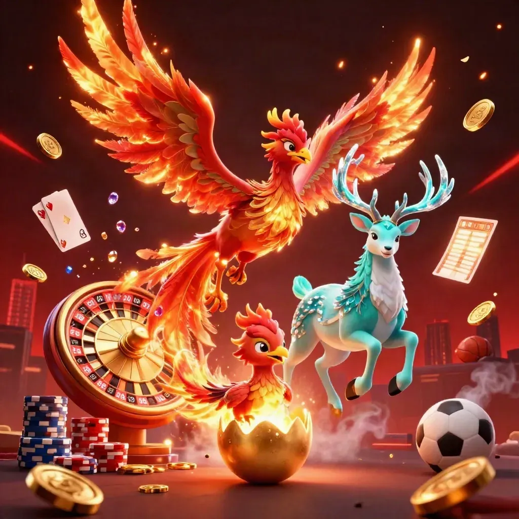 Fire phoenix, hatchling and crystal stag amid casino coins, cards and glowing sports props.