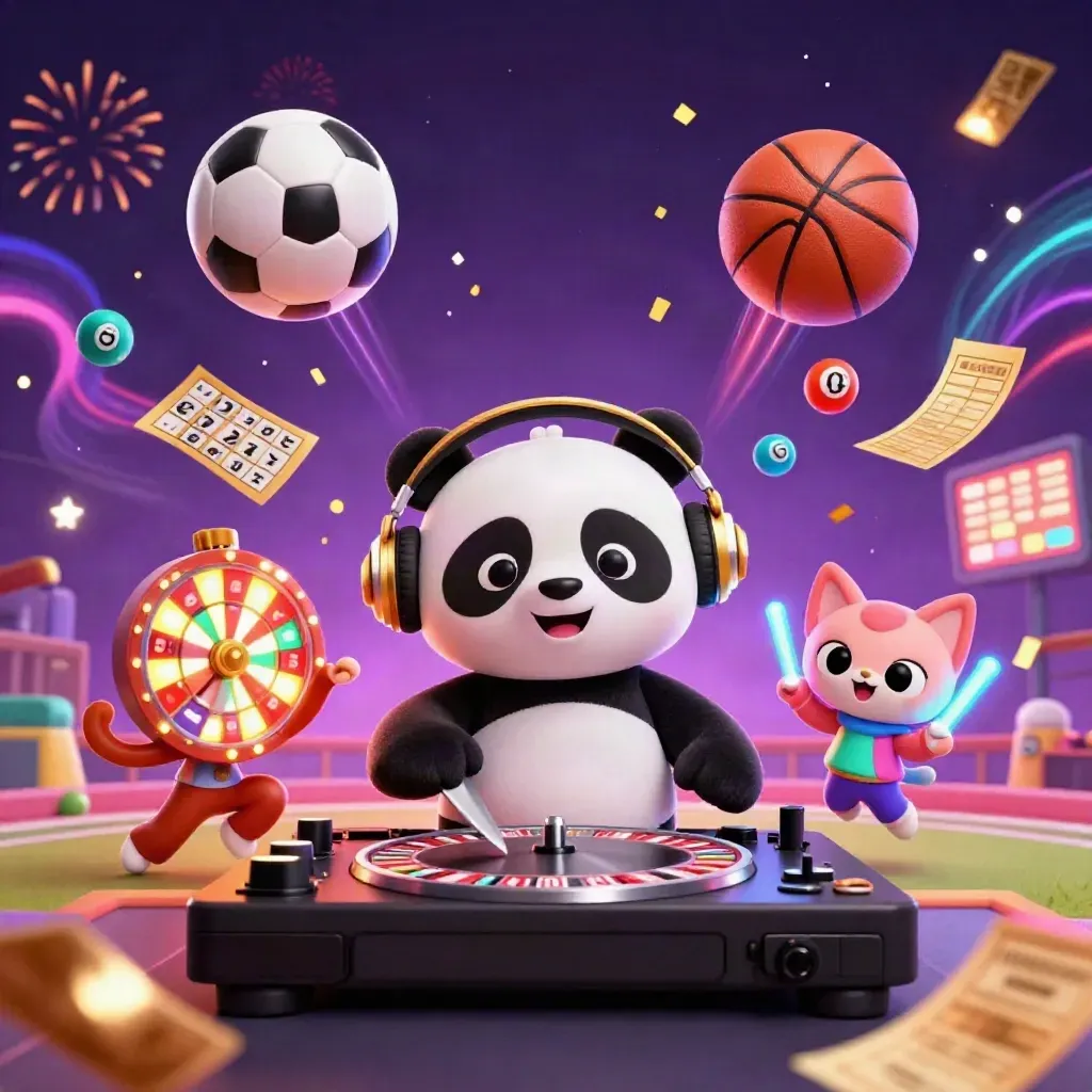 DJ panda, breakdancing monkey, and glow-stick kitten amid casino sports chaos and flying game icons