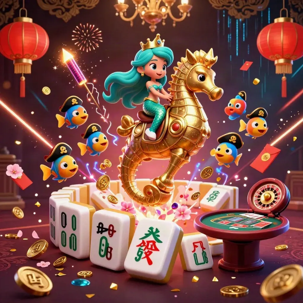 Mermaid princess on a seahorse amid casino luxuries, lanterns, coins and neon glow