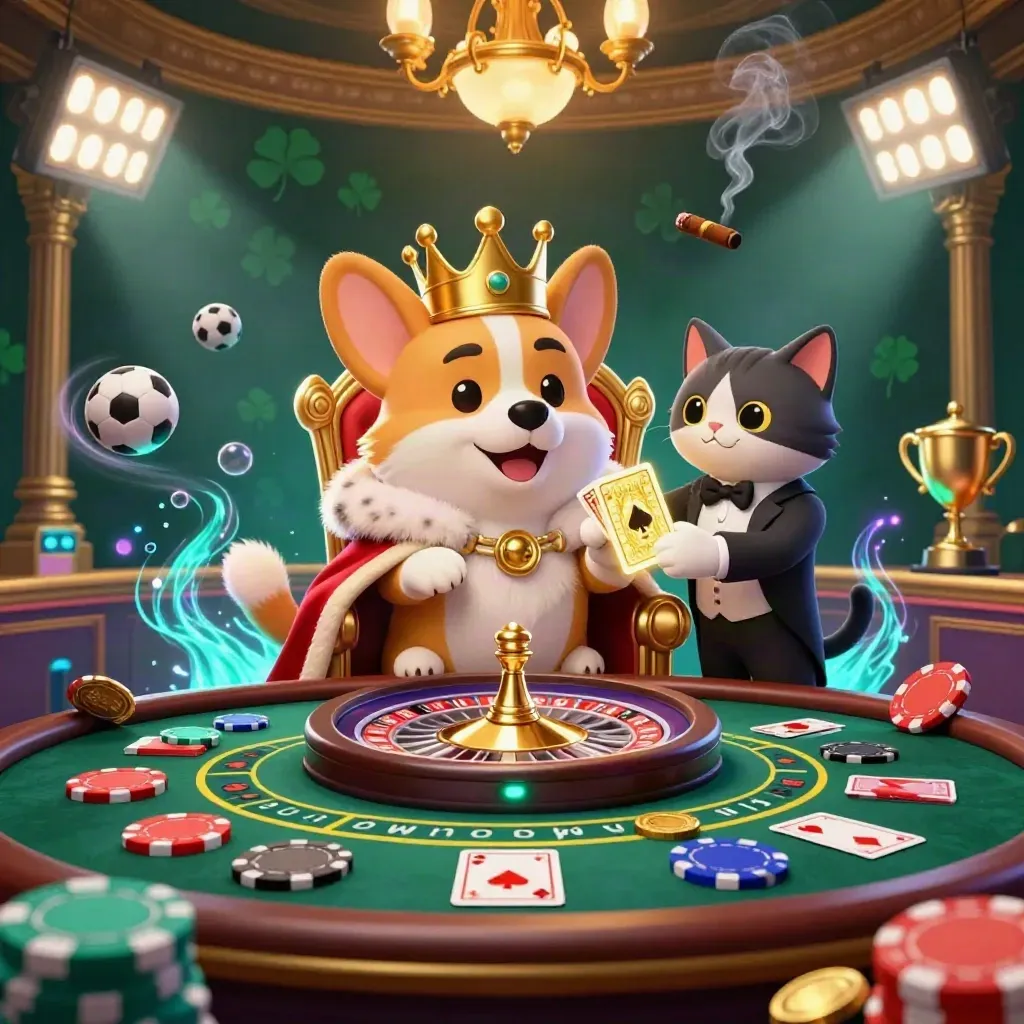 Royal corgi and cat butler amid casino luxuries, sports balls, roulette, and glowing underwater light.