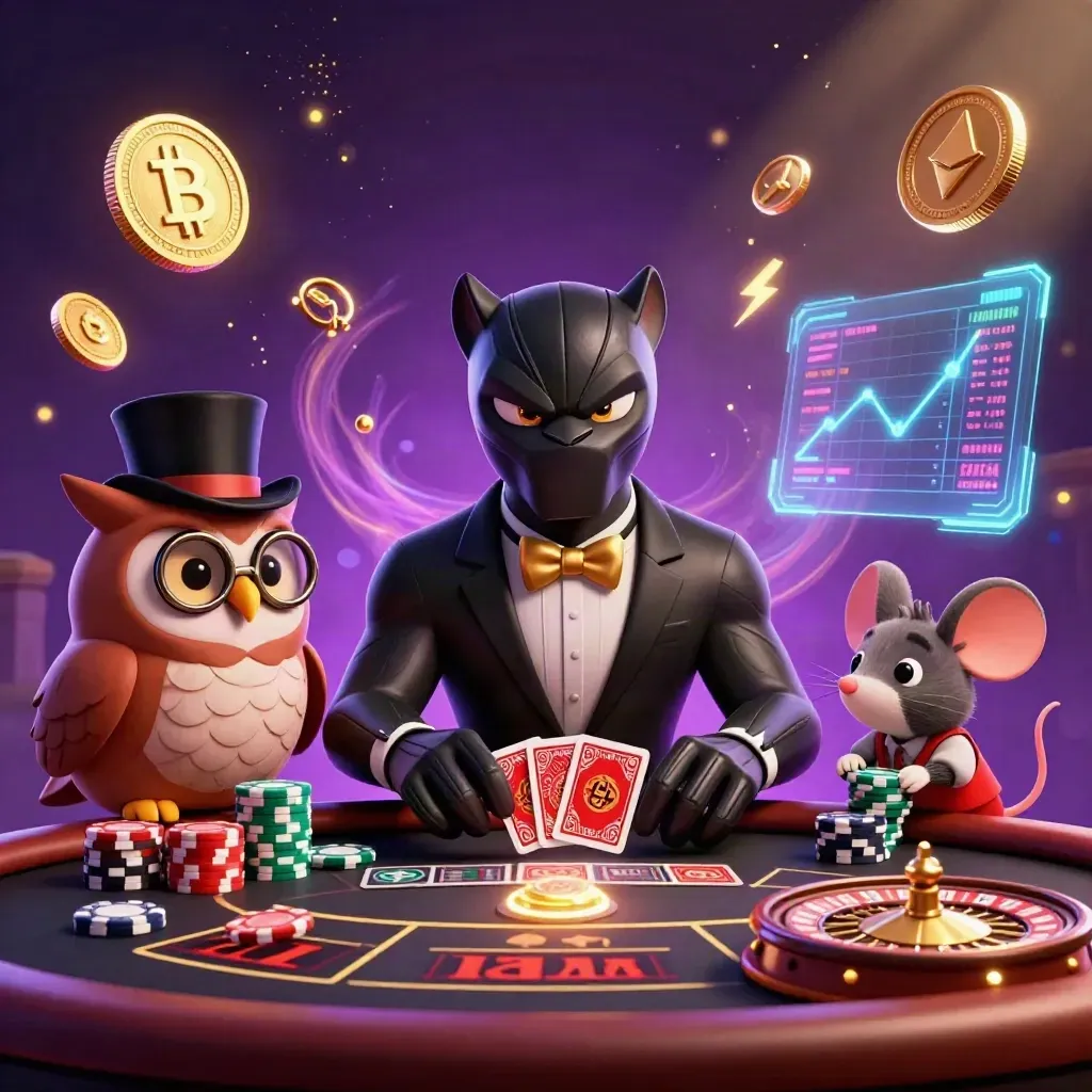 Panther, owl, and mouse in a neon reef casino with spinning coins, charts, and magical glow