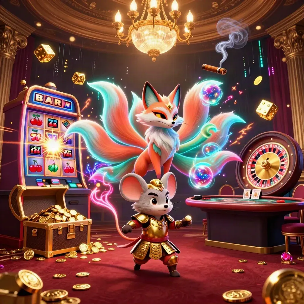 Fox spirit and armored mouse in a luxe casino room with slots, dice, chest, wheel, and glowing gold.