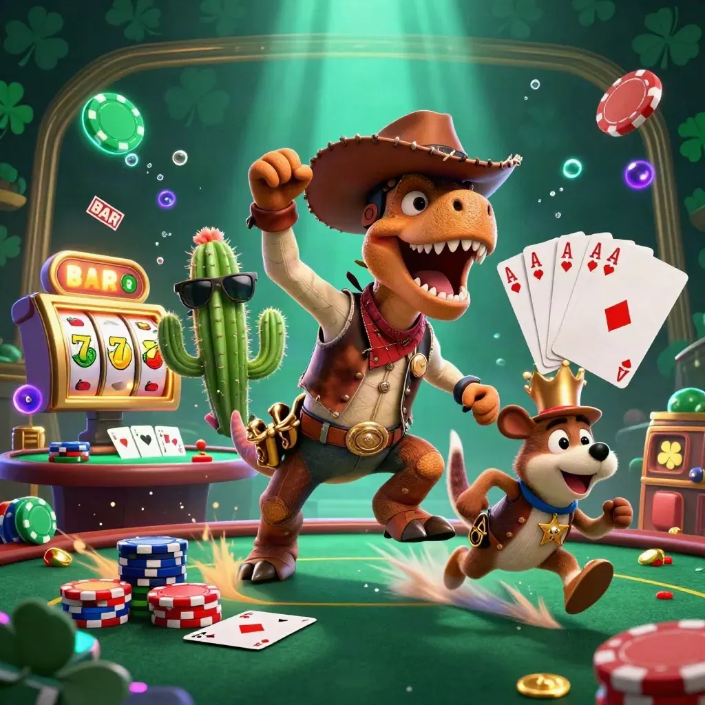 Cowboy T-rex, cactus, and roadrunner amid casino chips, cards, and neon reef glow.