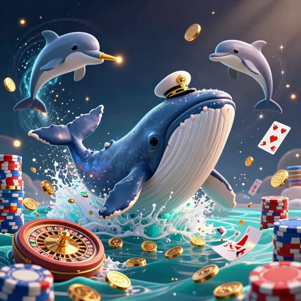 Whale captain, narwhal, and dolphins burst through coins and gems in a teal casino reef scene.