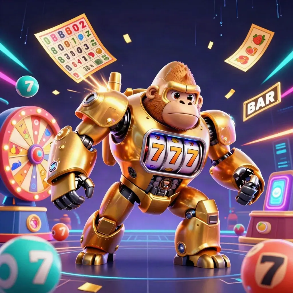Golden gorilla mech with tiny pilot amid neon casino bursts, lottery balls, wheel, and glittering cards.
