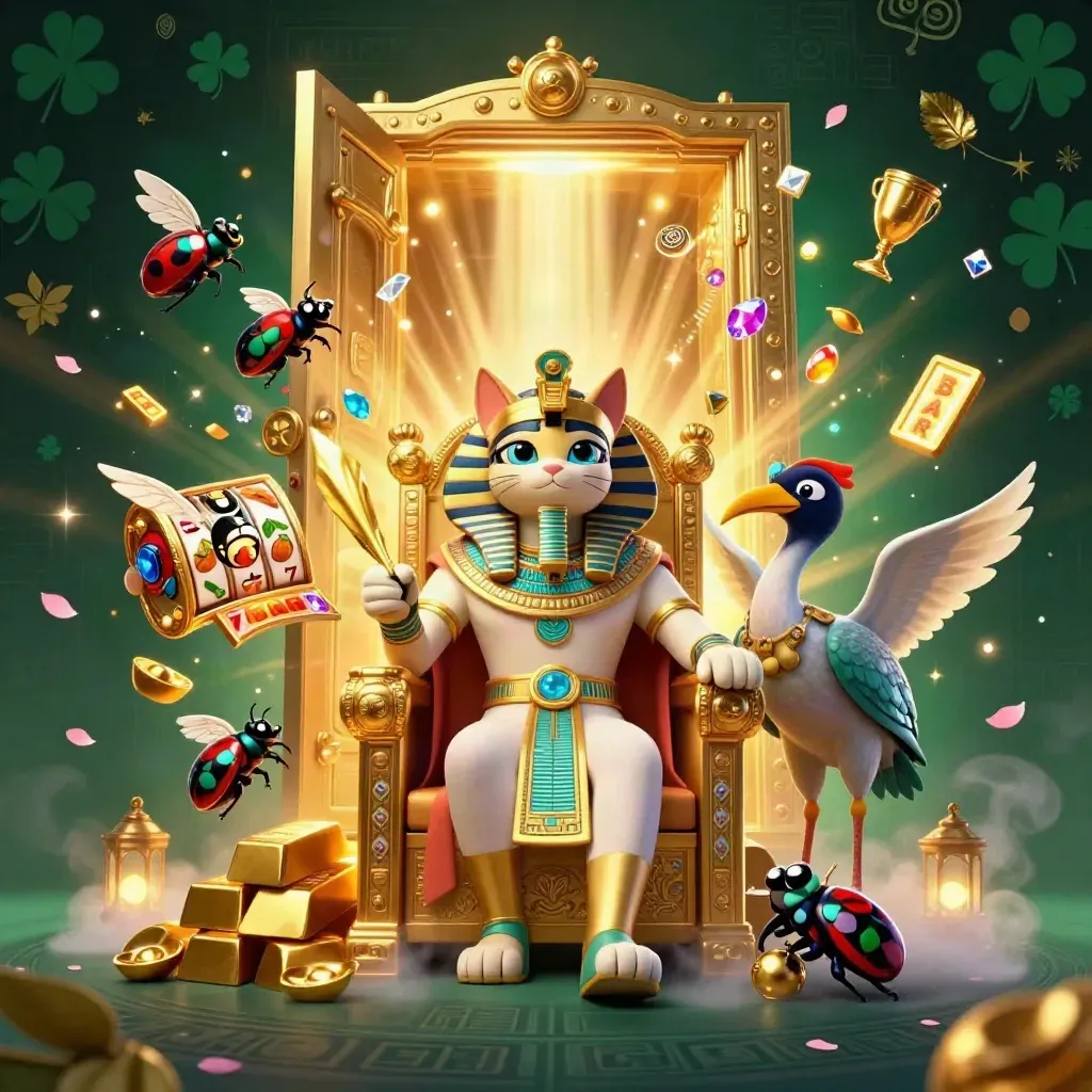 Pharaoh cat, ibis scribe, and gem scarabs raid a glowing vault amid gold and slot symbols.