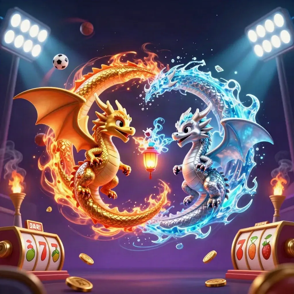 Gold and silver dragons spiral in fire and ice over casino treasure, teal glow, and floating sports props.