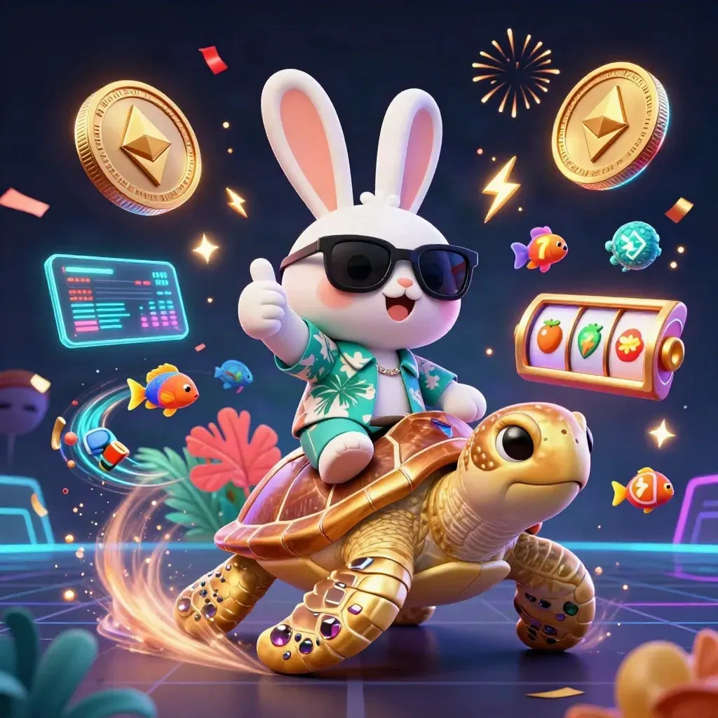 Lucky rabbit rides a gem turtle through neon reef casino energy and crypto icons