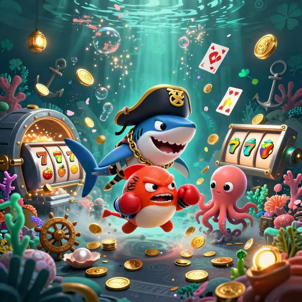 Shark pirate, boxing pufferfish and juggling octopus amid coin bursts in a glowing reef vault.
