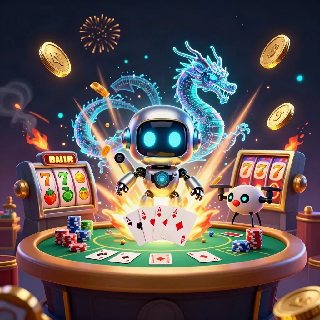 Robot, dragon, and drone burst from a vault with coins, chips, reels, and fireworks.