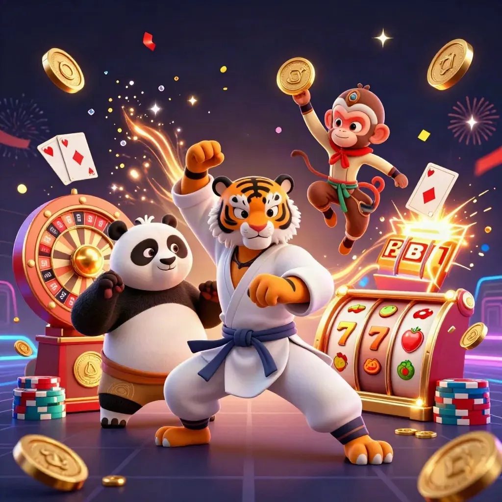 Kung-fu tiger, panda, and monkey celebrate amid coins, gems, reels, chips, fireworks, and neon reef casino glow.