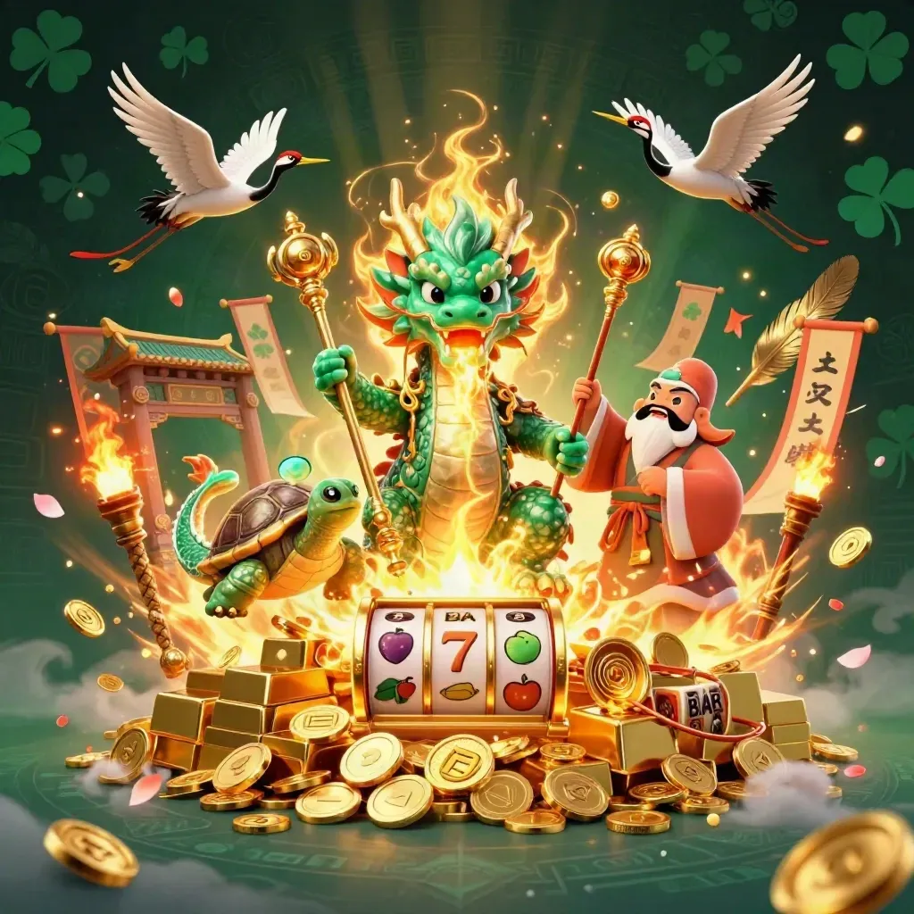 Dragon, turtle sage, and cranes burst amid coins, reels, and fireworks in ocean-luxe casino art.