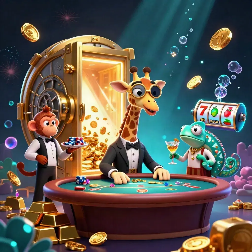Giraffe, monkey, and chameleon celebrate amid a bursting vault, gold coins, gems, and neon casino glow.