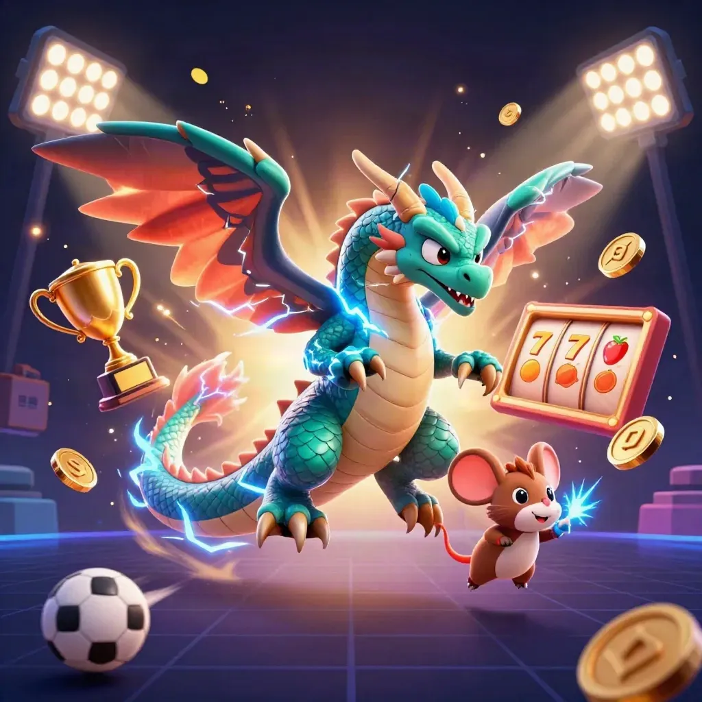 Thunder dragon, glowing hawk, and static mouse amid casino symbols and sports balls