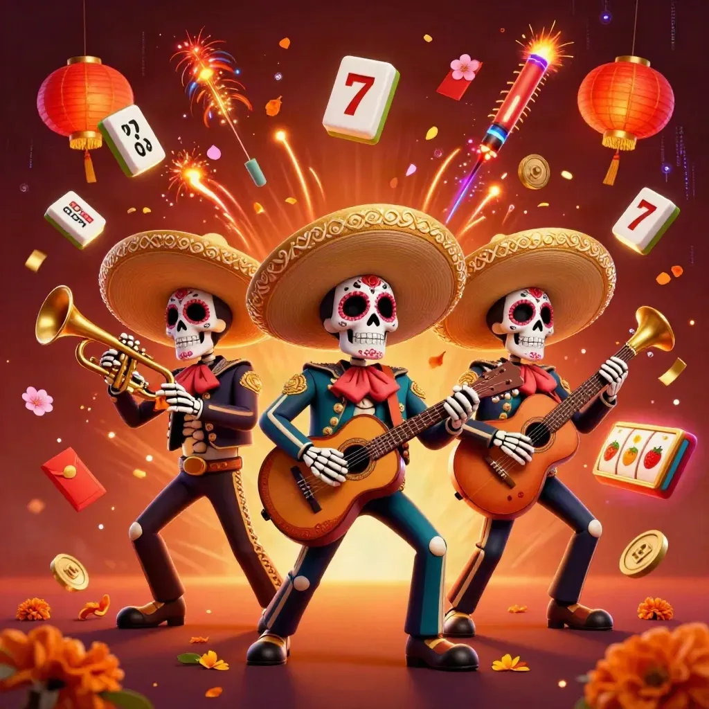 Skeleton mariachi trio in a fiery casino splash scene with reels, coins, lanterns, and petals