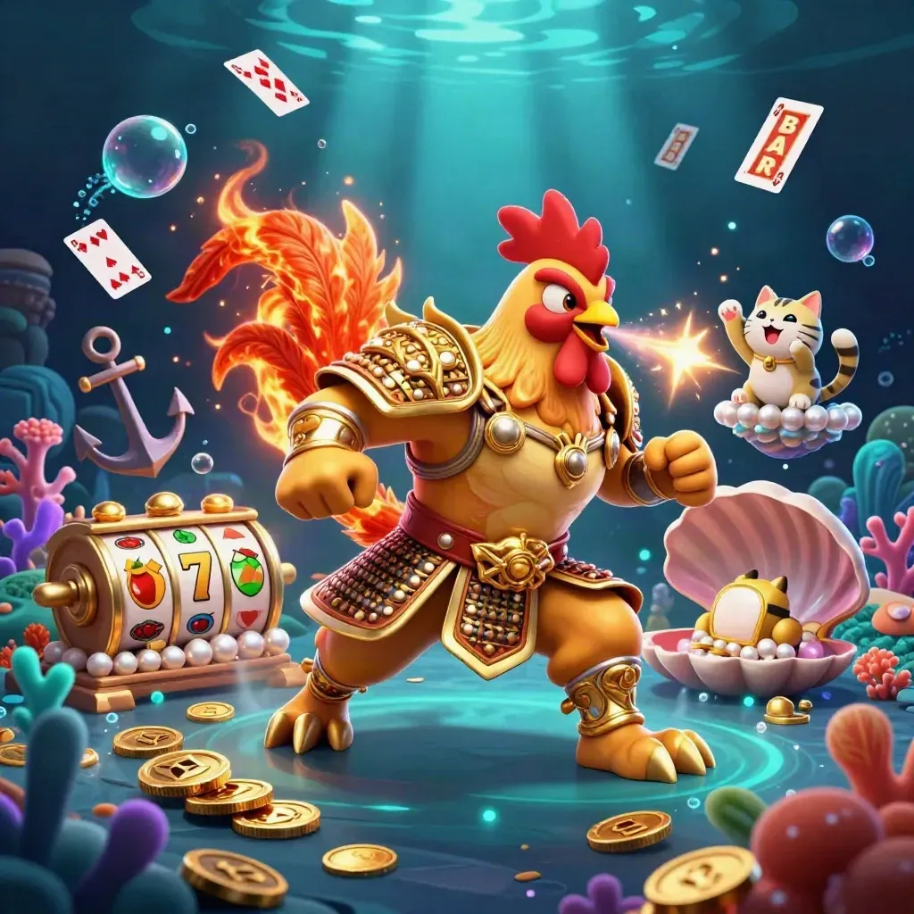 Rooster samurai, dragon hatchling, and cheering cat amid treasure, reels, and glowing reef magic.