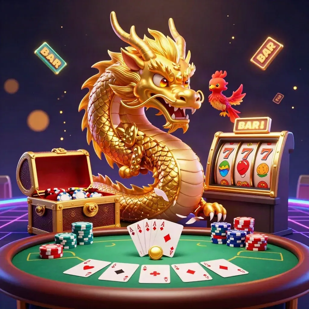 Golden dragon with phoenix and koi amid casino chips, cards, reels, and neon ocean glow