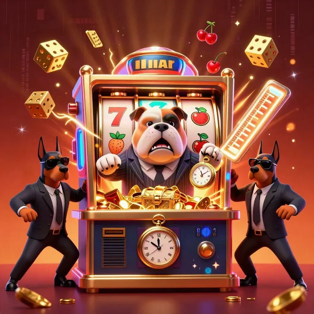 Bulldog mob boss with two Doberman guards amid a bursting slot machine and gold treasure.
