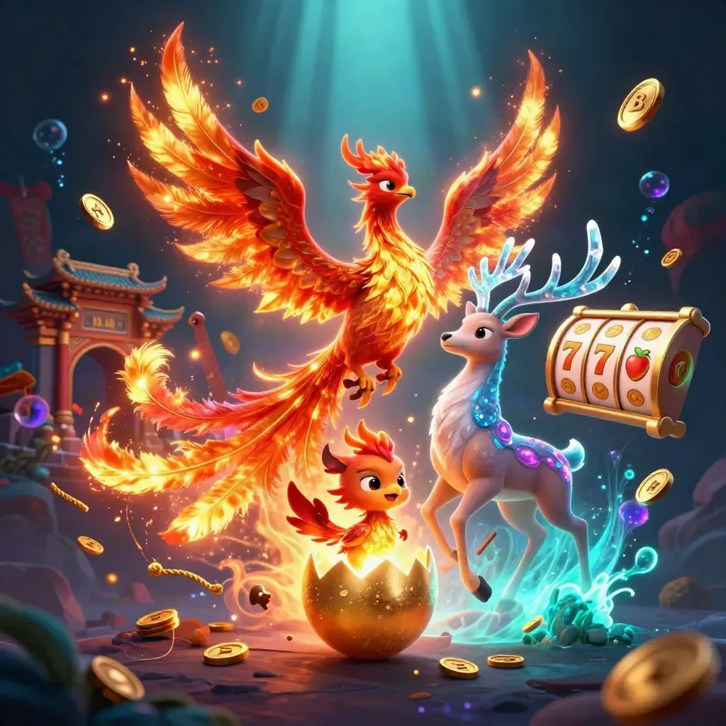 Fire phoenix, baby hatchling, and crystal-antler stag amid reef-glow casino magic and slot symbols.