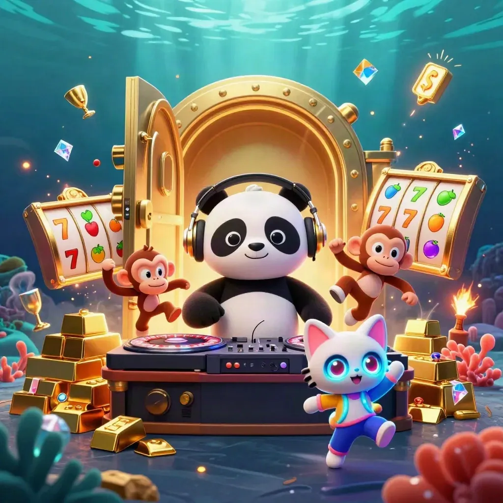 DJ panda, monkey, and kitten amid a gold vault, reels, and ocean glow