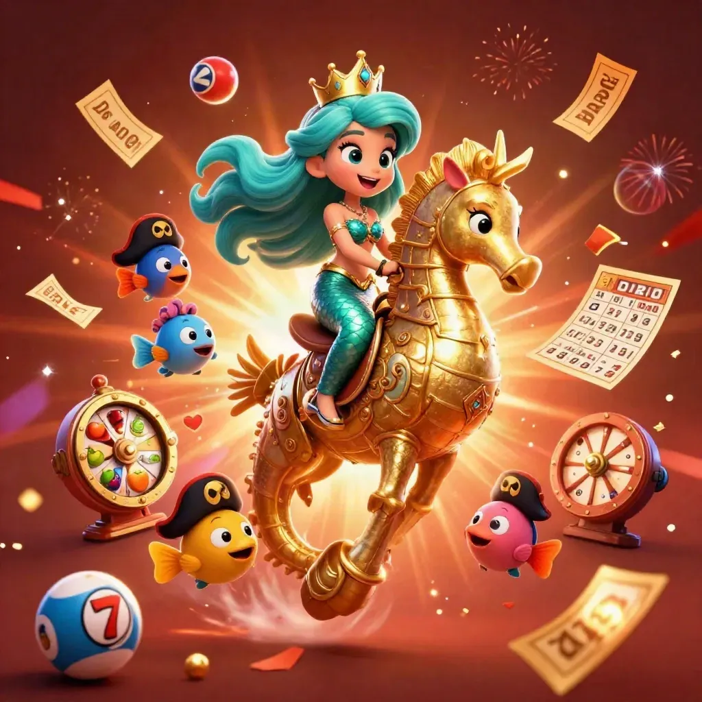 Mermaid princess rides armored seahorse amid pirate fish, slot reels, bingo, fireworks and gold sparks.