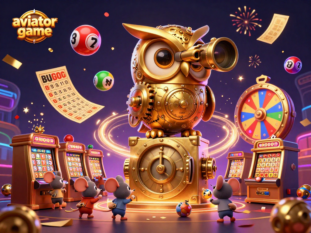 A vibrant scene featuring the aviator game action where a golden owl surveys casino excitement surrounded by colorful lottery elements.