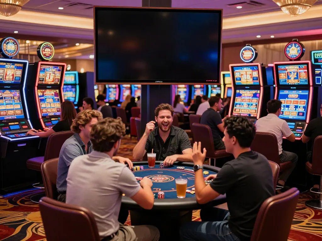 Lucky777 casino gaming scene with players enjoying vibrant atmosphere and slot machines.
