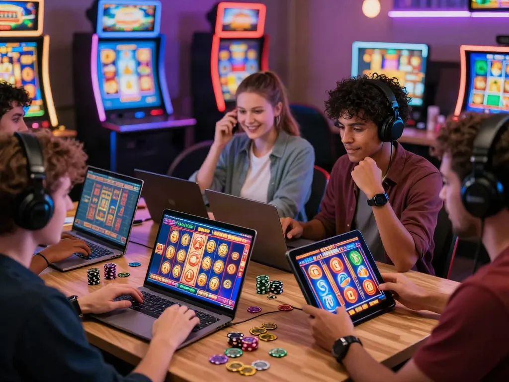 Exciting online gaming scene showcasing slot gacor maxwin players using various devices with dynamic visuals.