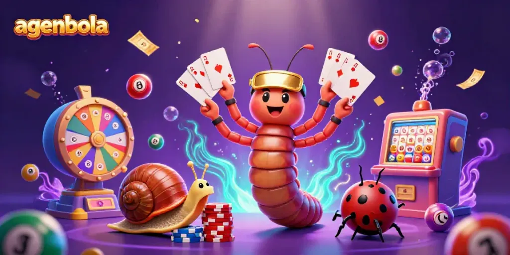 Engage with agenbola gameplay in this colorful casino scene showcasing a whimsical dealer and dynamic gaming elements.