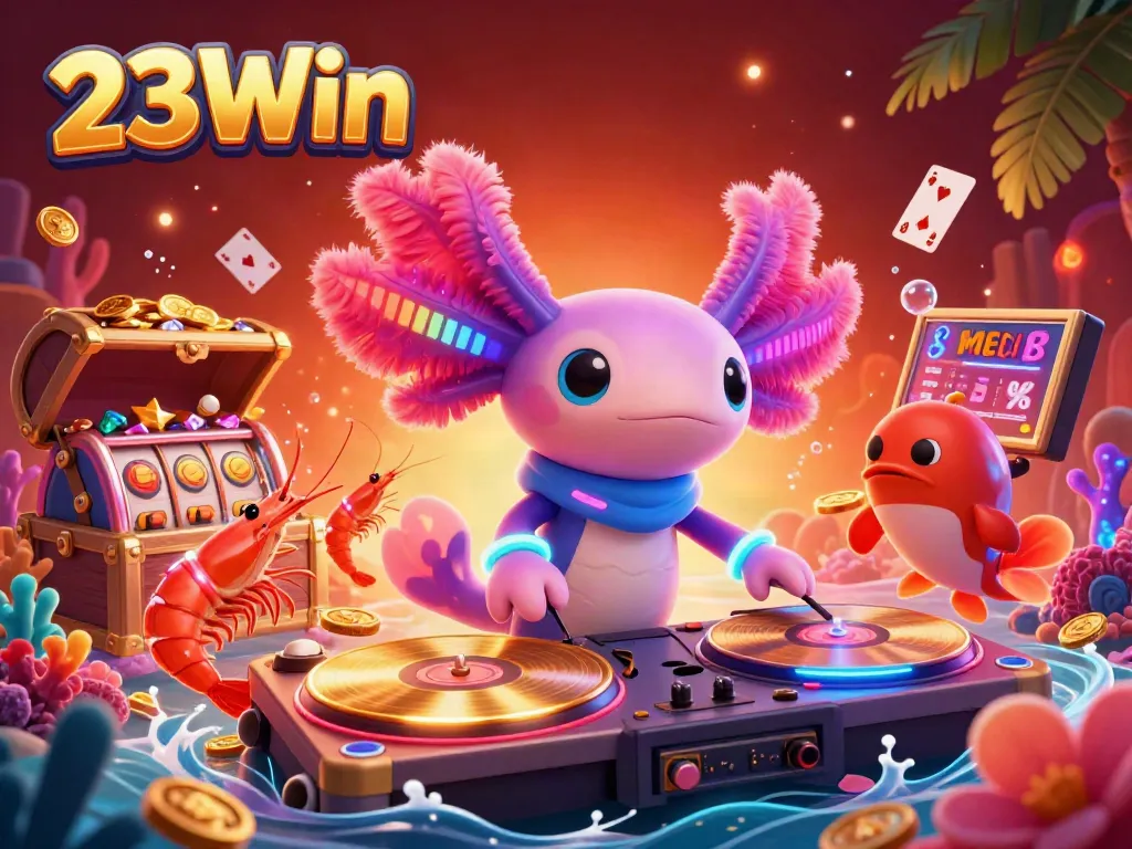 Engage in vibrant gaming action with 23Win's thrilling 3D casino scene featuring lively characters.