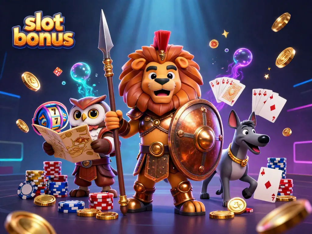 Engage in thrilling action with the slot bonus illustrated by a Spartan lion in armor, tactical owl, and greyhound messenger amidst a vibrant casino scene.