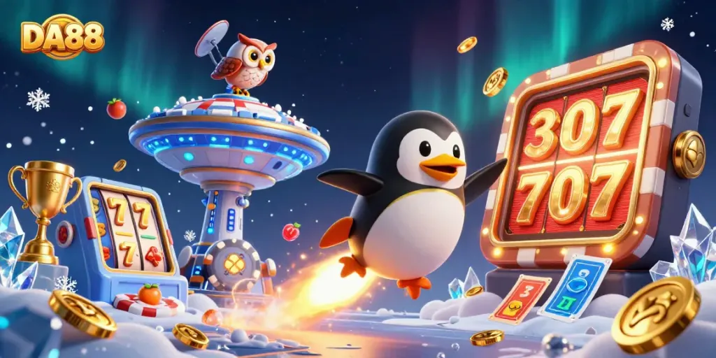 DA88 showcases a golden penguin and casino elements in a dynamic, vibrant space scene.