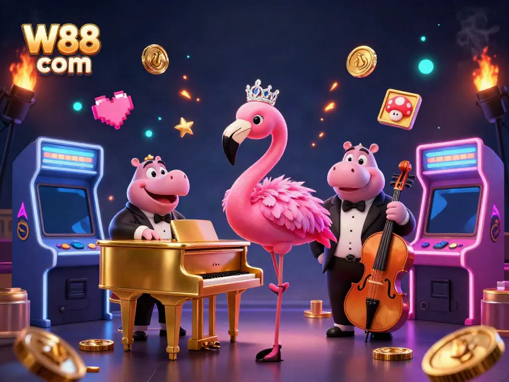 Experience the vibrant excitement of W88 com with dynamic casino elements and engaging characters in a rich 3D scene.