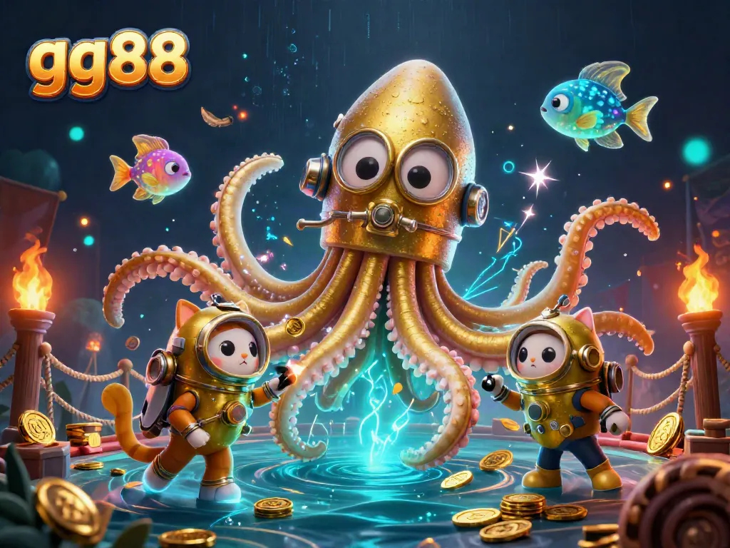 Experience thrilling battles at gg88 with a kraken, diving cat, and bioluminescent fish in this vibrant, action-packed scene.
