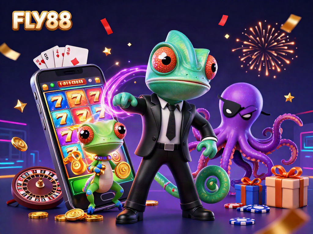 FLY88 vibrant illustration featuring a dynamic casino scene with a secret agent chameleon and high-stakes gaming elements.