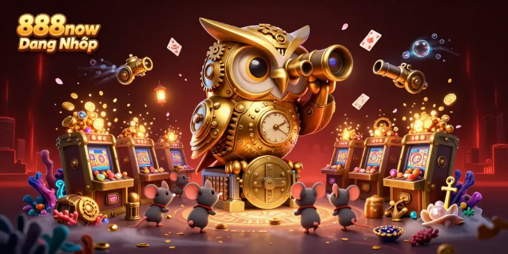 Join the fun with 888now Đăng Nhập as you explore vibrant slot machines amidst a fantastical casino scene.